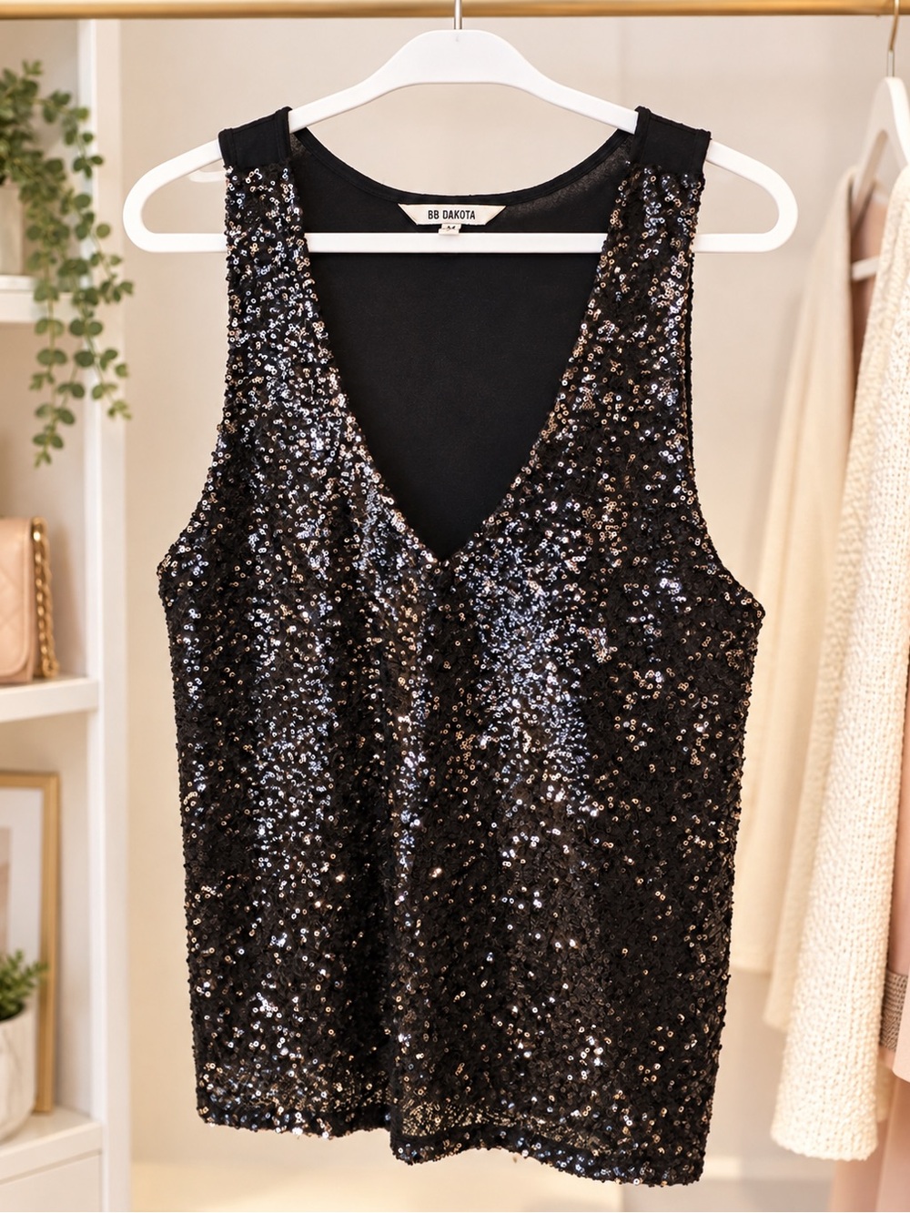 BB Dakota Black Sequin Sleeveless Top Size M Glam Party Evening